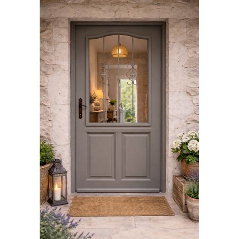 Puerta de entrada de madera con cristal Santiago gris cuarzo, H.215 x L.90 cm, lado tablero, derecho, pomo, cilindro, GD MENUISERIES (1/5)
