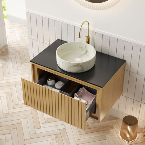 Mueble de baño con lavabo 76 cm mural, encimera de piedra negra DESVIAE (1/5)