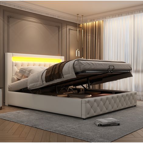 Cama dormitorio tapizada con almacenaje LED blanca OKMYHOME (1/5)
