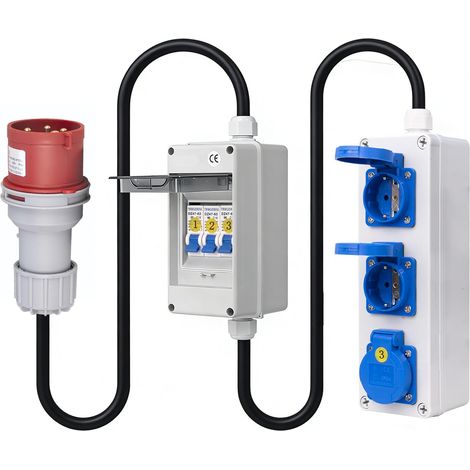 Adaptateur CEE 380V vers 220V – Adaptateur Courant Fort 5 Broches 32 A Fiche CEE – Répartiteur IP54 avec 3 Prises Schuko 16 A – Boîte à fusibles IP65 avec 3 disjoncteurs 16 A – Câble (1/5)