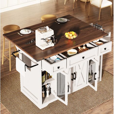Carrello cucina 120.2x45.3x91.5 cm, piano estensibile, presa di corrente, MDF bianco (1/5)