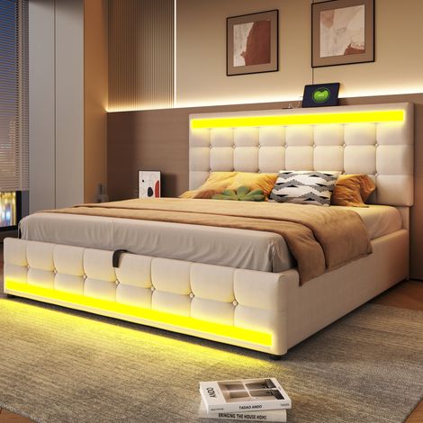 Lit rembourre moderne 180x200 cm beige avec tete de lit reglable, LED RGB et 2 ports USB (1/5)