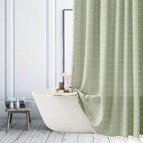 Tenda da doccia a quadri rustica e resistente, 183 x 183 cm, in stile rustico ed elegante con nappe – Tenda da doccia in lino, tessuto verde bohémien.