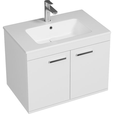 Saniverre – Meuble salle de bain simple vasque 2 portes battantes blanc – Largeur 70 cm – Panneaux mélaminés – Finition brillante – À suspendre (1/4)