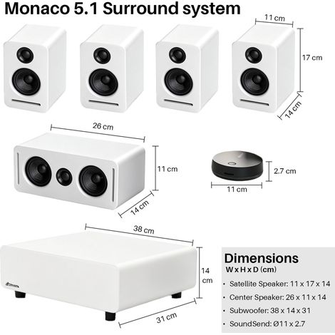 Système cinéma maison sans fil 5.1 Dolby Atmos blanc,son surround Monaco WISA mise à niveau son TV pour appartements salons. (1/5)
