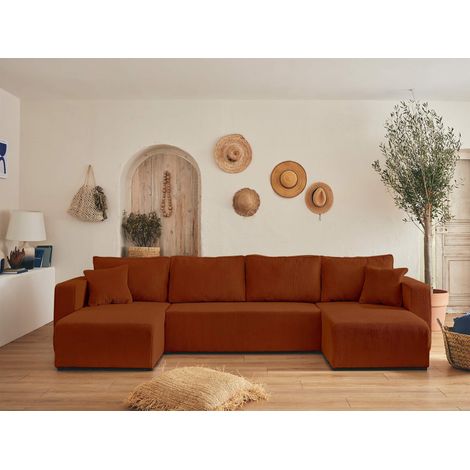 Topaze - canapé panoramique en u - 7 places - convertible avec coffre - en velours côtelé - terracotta (1/5)