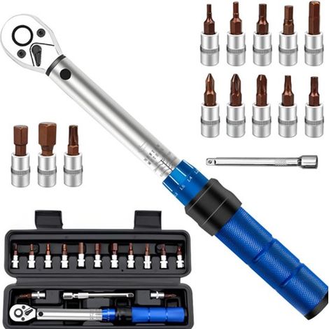 Clé dynamométrique vélo 1/4", 2-24 Nm, micro-réglage 0,1 Nm, cliquet 72 dents, précision ±3%, lot de 15 pièces avec rallonge 100 mm et douilles 35 mm (1/5)