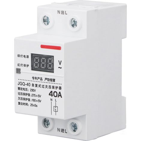 Relais de protection contre les surtensions et sous-tensions pour rail DIN, 40A 230V, avec affichage numérique et indicateur de récupération automatique (1/5)