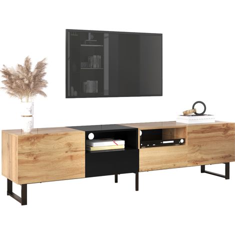Meuble TV 190 cm avec 2 portes et 2 tiroirs, finition noir et bois, rangements spacieux, structure MDF durable, idéal pour un salon contemporain CHICFURN (1/5)