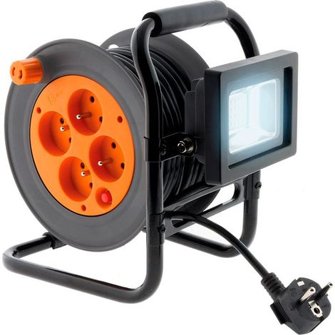 Enrouleur électrique 4 prises 16A 2P+T – Câble H05VV-F 15m – Projecteur LED 10W orientable 180° – Pour chantiers humides (1/3)