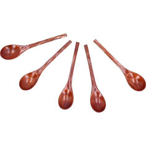 5-teiliges Set Holzlöffel mit rutschfestem, wärmeisolierendem Griff und langem Griff zum Kochen und Umrühren heißer Suppen (1/5)