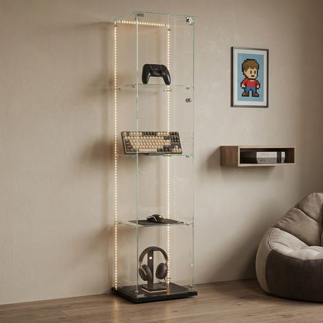 Vetrina in vetro a 4 ripiani con 1 anta, 39,8x35x163 cm, striscia LED con telecomando, mobile espositore in vetro temperato per soggiorno e collezioni, stile scandinavo, Nero
