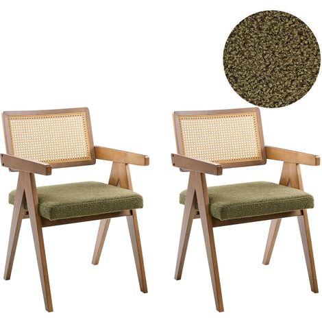 Set of 2 Dining Chairs Brown and Green Boucle Upholstery Rubberwood Frame Retro Dining Room Kitchen AVA (1/5)