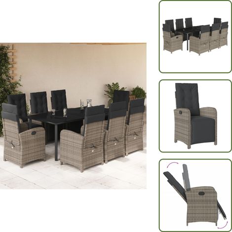 Rattanstuhl - vidaXL 9-tlg. Garten-Essgruppe mit Kissen Grau Poly Rattan - Gartenstuhl mit Kissen (1/5)