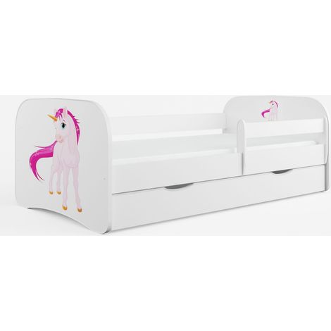 Lit enfant Licorne avec sommiers et barrière de sécurité amovible Drimy-Matelas mousse-80x160-Tiroirs Avec tiroir (1/5)