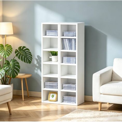 Set di 2 librerie porta CD 21x19.2x88.3 cm, 12 scomparti, fino a 160 CD, truciolare e MDF bianco (1/5)