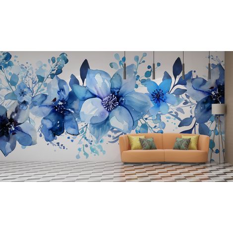 Papier peint fleuri - frise hortensias bleus - 300 x 250 cm (1/2)