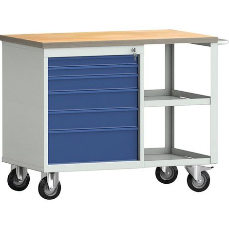 Banco da lavoro PW 700 l.1000xP620xH805 mm faggio Multiplex grigio chiaro, RAL 7035 blu genziana, RAL 5010 6 cassetti