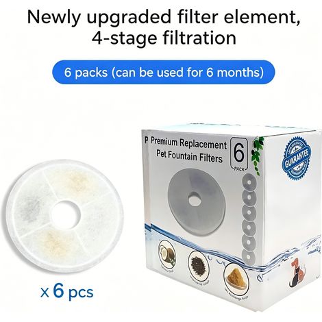 Lot de 6 Filtres Rechange Compatible Catit Flower, LED & Inox - Charbon Actif Coco, Résine, Coton - Filtration Quadruple Action (1/5)