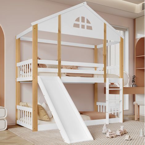 Letto a Castello 90x200 cm con Struttura in Legno Massello e MDF Bianco + Naturale (1/5)