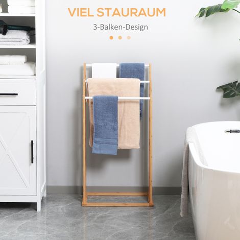Porte-serviettes en bambou 3 barres, modèle 3 pièces, dimensions 48 x 25,8 x 94 cm, teintes naturelles et blanches (1/4)