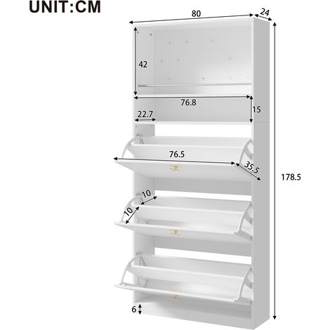 Meuble à chaussures étroit et moderne, avec 3 compartiments rabattables et 2 étagères ouvertes, poignées en forme de trèfle dorées, idéal pour une entrée ou un couloir, blanc, dimensions : 80 × 24 × 1 (1/5)