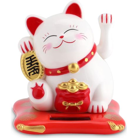 1 Statue Chat Porte-Bonheur, Maneki Neko Solaire, Bras Mobile, Décoration Voiture Bureau Maison