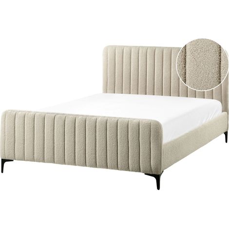 Lit Double Sommier à Lattes avec Haute Tête de Lit et Pieds en Métal 140 x 200 cm en Tissu Bouclé Beige Lunan
