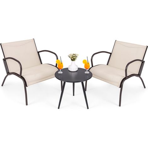 Set sedie braccioli tavolino alluminio metallico seduta curvata tessuto poltrone esterno 3 pezzi marrone (1/4)