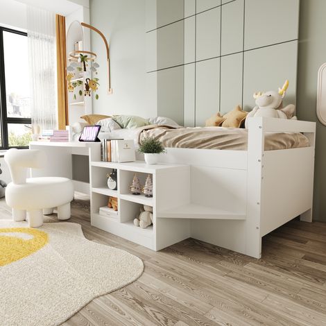 Lit simple en bois blanc 90x200 cm avec rangements intégrés, bureau équipé de prises UE, idéal chambre enfant, mobilier 2-en-1 (1/5)