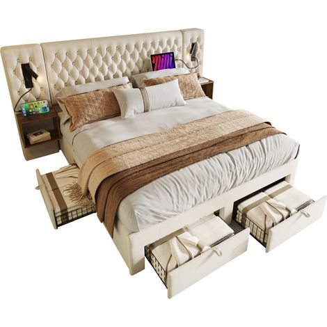 Lit double 180x200 cm capitonné en velours beige avec 2 chevets, 4 tiroirs, liseuses et charge USB Type-C, style vintage sans matelas – CHICFURN (1/5)
