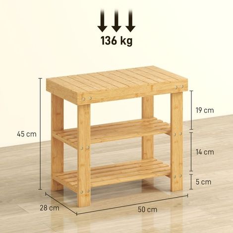 Bench to shoes in bamboo natural, shelf to shoes to 2 levels, seat integrated, for input, hallway, 50 x 28 x 45 cm (1/5)