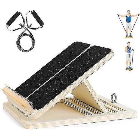 Planche inclinée professionnelle, étireur de mollets en bois, planche à angle réglable pour les chevilles avec bande de résistance, pliable (1/5)