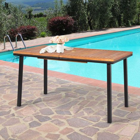 Mesa de jardín, mesa de comedor con orificio para sombrilla, mesa de madera, mesa de terraza, madera de acacia, 140 x 75 x 76 cm, natural