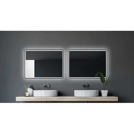 Miroir de Salle de Bain LED - 80 x 60 cm - Convient aux pièces humides - avec éclairage - Cadre en Aluminium Noir Mat (1/5)
