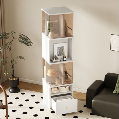 Vetrina girevole 50x50x160 cm, in vetro temperato marrone, base girevole 360°, scomparti multipli, MDF e vetro, bianco e marrone (1/5)