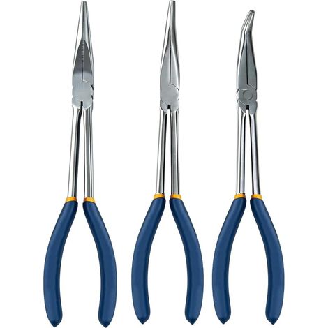 Lot de pinces à nez long 280 mm, en acier au carbone, pince à bec long avec longue portée, droite, 45°, courbée à 90° avec poignée antidérapante pour atelier de mécanique électrique de précision (1/5)