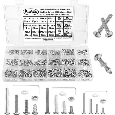 900 Pièces Vis à Six Pans Creux,M2 M2.5 M3 Jeu de Boulon et écrous Rondelles,Vis à Métaux Tête Bombée Hexagonale,Boulon a Tête Cylindrique en Acier Inoxydable 304,Avec 3 Clés Hexagonales. (1/5)