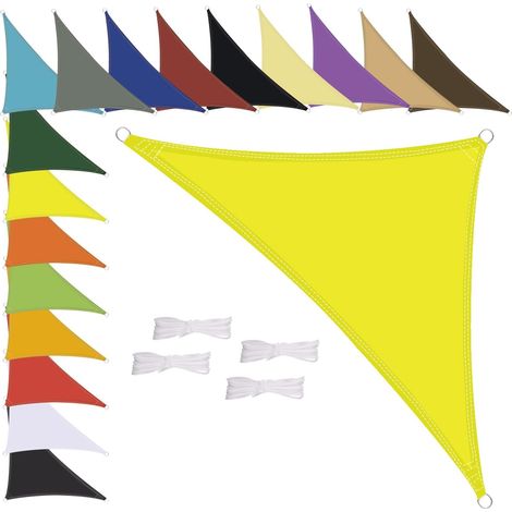 Voile d'ombrage triangulaire imperméable, résistant aux intempéries, polyester de qualité supérieure, plusieurs longueurs et largeurs au choix, avec cordes de fixation, 4 x 4 x 5,7 m, jaune (1/5)