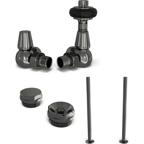 Signature Wooden Head - Thermostatic Radiator Valve & Installation Kit - Black Nickel Angled 15mm
