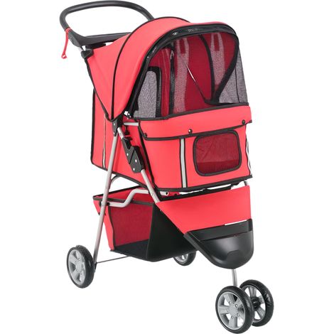 Poussette pliable pour chiens et chats jusqu'à 10 kg, avec coussin, fenêtres en filet, porte-gobelet et sac de rangement. Modèle rouge.