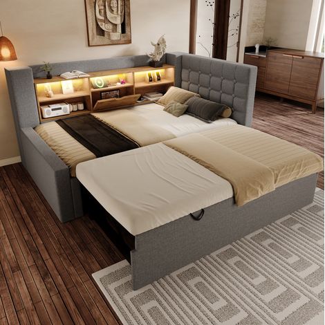 Bettgestell 90x200 cm grau aus Leinen und Metall mit Ausziehbett, LED-Beleuchtung, Stauraum und Ladeanschlüssen (1/5)