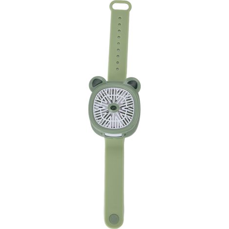 Montre-ventilateur à motif dessin animé, rechargeable par USB, en plastique, mini-ventilateur sans fil avec bracelet détachable, idéal pour les enfants et les activités de plein air. Ours vert. (1/5)