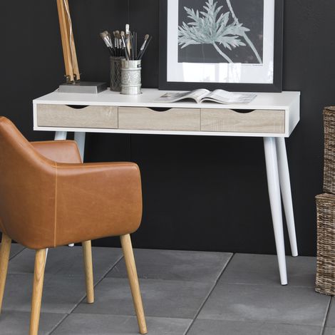 Bureau 3 tiroirs 110x50x77,1 cm décor blanc et naturel - STOLK
