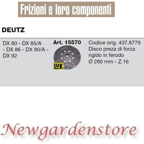 Disco frizione 15570 trattore compatibile DEUTZ DX 80 85 86 90 92 280mm Z16