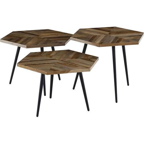 Lot de 3 tables basses hexagonales 55 cm en teck recyclé - ALEN