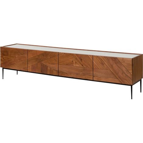Mobile TV in legno di acacia 220x40x50 laccato naturale / marmo bianco KARLSTAD 06