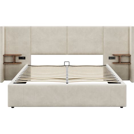 Gutent – Lit hydraulique 160x200 cm avec rangement sous le lit – Prise USB et électrique – Velours beige – 2 tables de chevet incluses