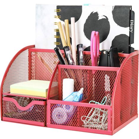 Boîte de rangement de bureau en métal à sept compartiments, avec porte-stylo et grille en fer, couleur rose rouge. (1/5)