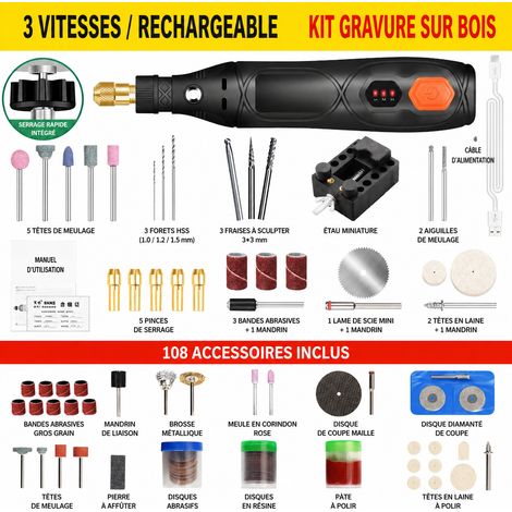 Mini meuleuse électrique rechargeable sans fil avec kit sculpture bois et 108 accessoires rechargeable middot 108 500 g – Livraison gratuite